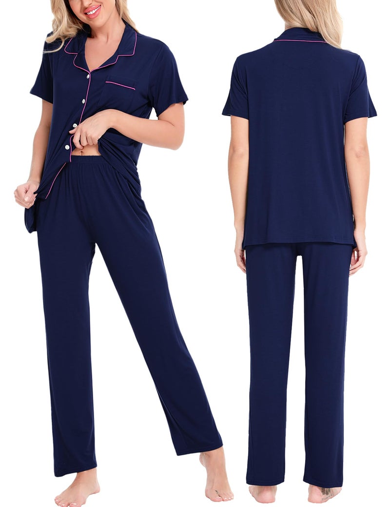 SWOMOG Women Pajama Sets Two-Piece Nightwear Short Sleeve Sleepwear Button Down Pj Lounge Sets with Long Pants Navy Blue - Image 4
